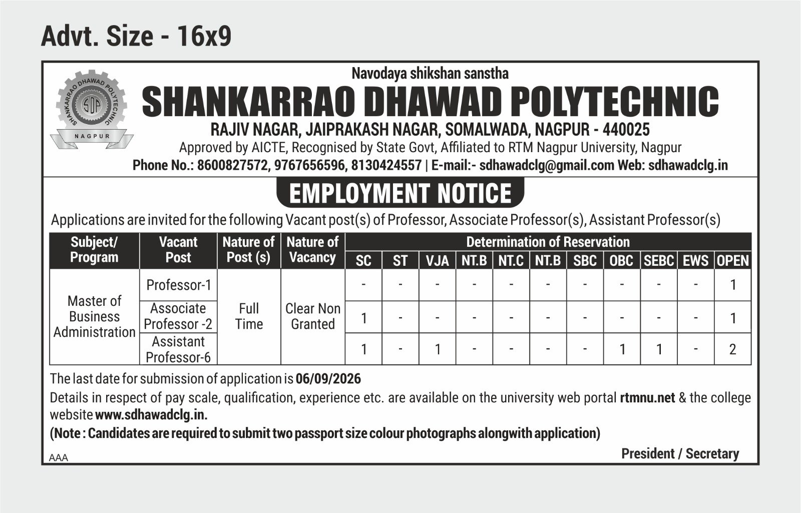 MBA Vacancy Post